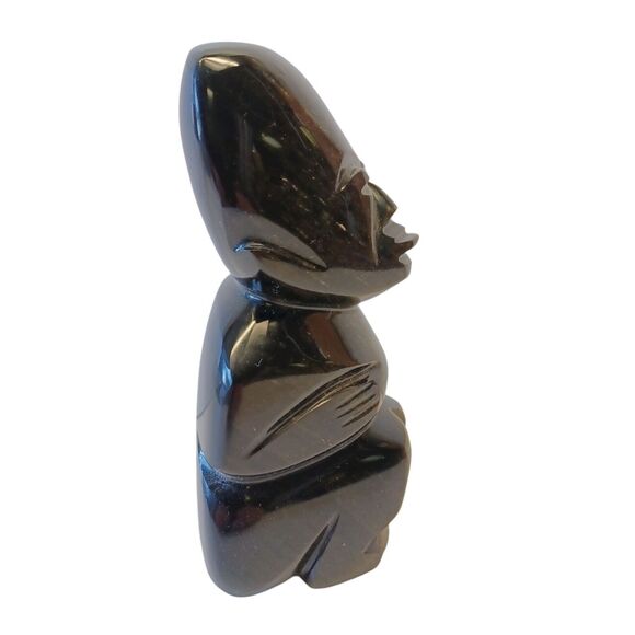 Gold Sheen Black Obsidian Stone 5-5/8"h Mayan Aztec Carved Seated Man Figure - Picture 5 of 8